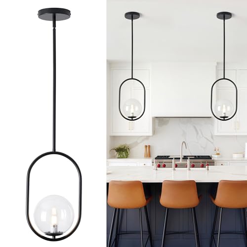 puncoll Glass Pendant Lights - 1-Light Pendant Lighting for Kitchen Island with Black Finish - Vintage Pendant Light Fixtures - Black Hanging Lights for Kitchen H9376-CLBK