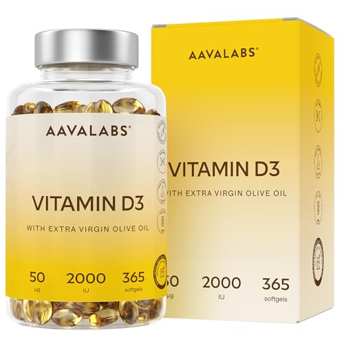 Vitamina D3 2000 UI - 365 Cápsulas Blandas - con Aceite de Oliva Virgen Extra para una Absorción Óptima – Contribuye al mantenimiento de la Función Ósea, Muscular e Inmunológica