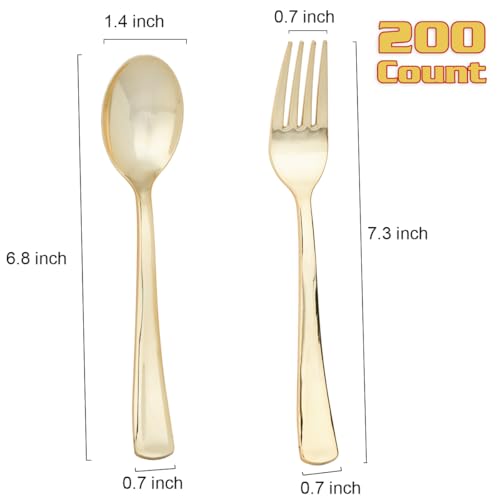 Image of MOACOCK 200 Count Light Gold Plastic Silverware, Heavy Duty Plastic Utensils Set 100 Spoons and Forks, Gold Spoons and Forks Set for Catering Party Wedding Dinners