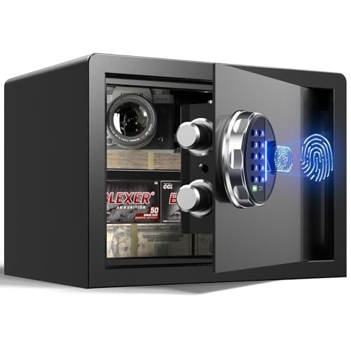 Grimtron Caja de seguridad biométrica - (0.77 pies cúbicos) Caja fuerte para el hogar con huellas dactilares con modo silencioso, teclado retroiluminado y luz LED, caja fuerte segura para dinero,