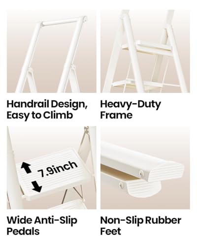 Image of SOLADDER 5 Step Ladder, Folding Step Stool, White Foldable Iron Ladder for 10 Foot High Ceiling with Anti-Slip Wide Sturdy Pedal and Handgrip, Multi-Use for Home (300 lbs Capacity)