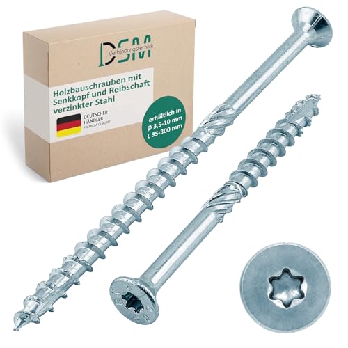 DSM – Tornillos para madera 6 x 160 mm – Tornillo de cabeza avellanada galvanizado, TX30 – Tornillos para placas de fibra con rosca ondulada – con espiga de fricción, estrías fresadas y punta cortante