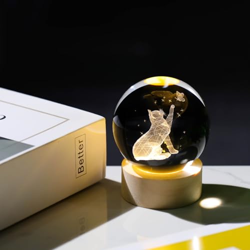 Image of Arikyrist 3D Crystal Ball Decor, Cat Figurines With Wooden Base, LED Laser Engraved Glass Sphere Gifts for Cat Lovers, (7.6 x 6.1 x 7.6 cm)