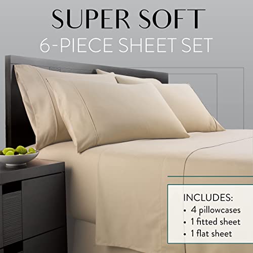 Danjor Linens Bed Sheet Set Cal King for Hot Sleepers, Hotel Premium Sheets with 4 Pillowcases, Lightweight Brushed Microfiber Deep Pockets, Breathable Cooling 6 Piece Bedding Sets, Taupe