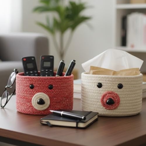 Image of Teddy Eco-Friendly Cotton Rope Basket Set of 2 (6x6 Inch) - Remote Holder for Living Room & Remote stand for Table, Makeup organisers, Jute Planter Basket & Jute Pots for Plants (Red & White)