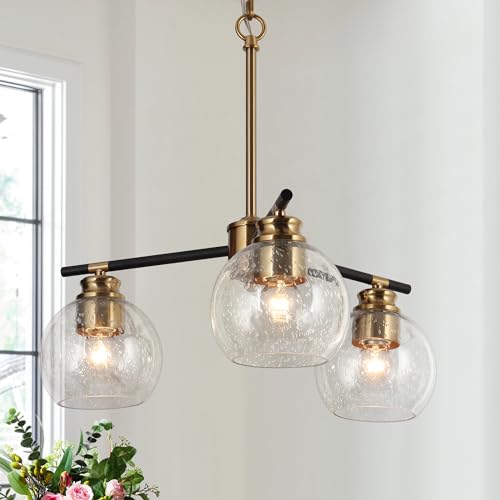 KSANA 3 Lights Gold Chandelier, Dining Room Chandelier Over Table, Black Gold Hanging Ceiling Chandeliers Adjustable Modern Glass Pendant Light Fixture for Foyer, Kitchen, Living Room and Entryway