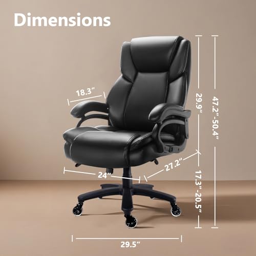 Image of Waleaf 500lbs Big and Tall Office Chair, Heavy Duty Chair for Heavy People, Adjustable Ergonomic Lumbar Support Executive Chair, Large High Back and Quiet Rubber Wheels, Black