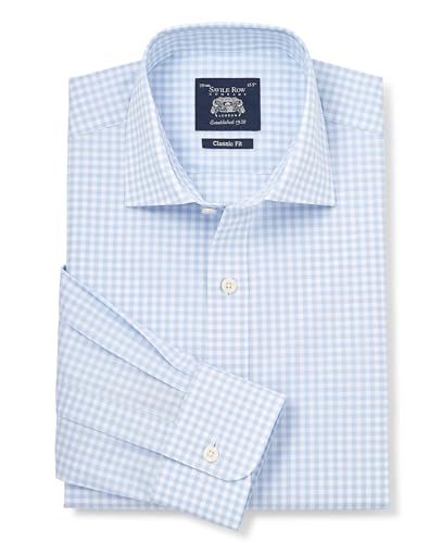 THE SAVILE ROW COMPANY LONDON Men's Classic Fit Cotton Poplin Single Cuff Formal Shirt - Pale Blue/White Gingham Check - 16.5" Collar