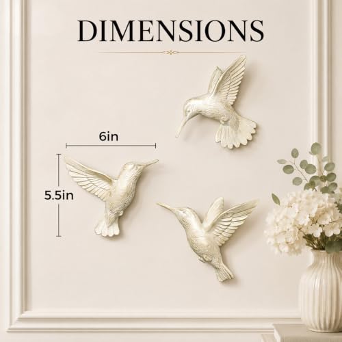 Image of GUSFREUD 3D Hummingbird Wall Decor Set - Gold Resin Bird Wall Decor for Living Room, Bedroom and Gallery Walls - Ivory Gold - Set of 3