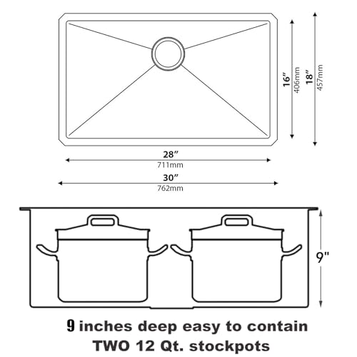 Image of 30x18 Inch Black Undermount Kitchen Sink, Stainless Steel Single Bowl Nano Black16 Gauge 9 Inch Deep Kitchen Sink with Strainer