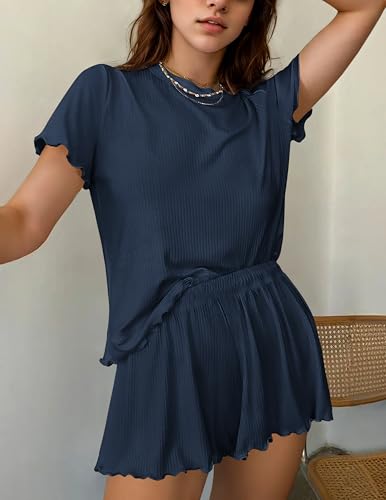 Image of Ekouaer Womens Pajamas 2 Piece Ribbed Knit Pjs Short Sleeve Sleepwear Set Summer Soft Pajamas Set Casual Lounge Sets
