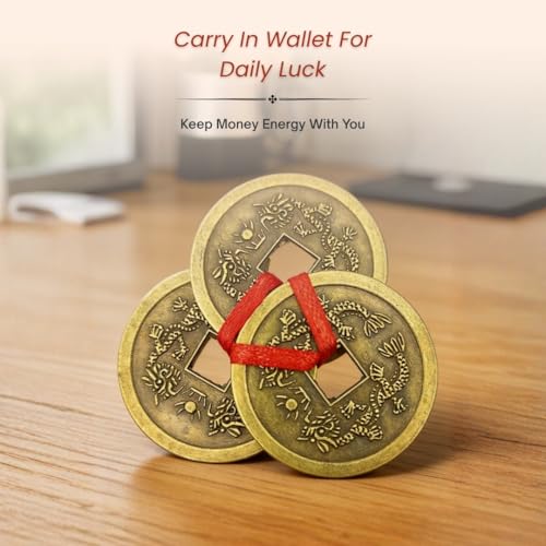Image of Plus Value Feng Shui Vastu Remedies Dragon Phoenix 3 Chinese Coins Set Brass Wealth, Prosperity, Money, Good Luck (Big Size)