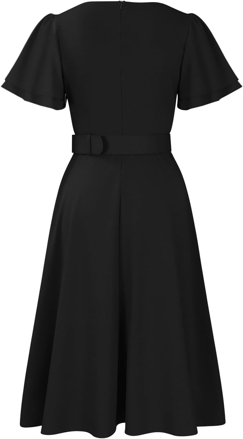 Elainone Women's Ruffle Short Sleeve Swing A Line Dress Party Wedding Guest Dressy Semi Formal Business Casual Dresses - Image 3