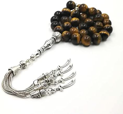 Man's Tasbih Natural Tiger Eyes with Special Metal Tassels Rosary Islam Prayer Beads 33 66 99 Beads Latest Style (8mm, 99 Beads)