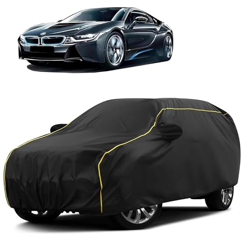 Image of Sulfar 100% Water Resistant Car Body Cover Compatible with Mirror for BMW i8 (Triple Stitched, Full Bottom Elastic, Black Taffeta with Yellow Piping)