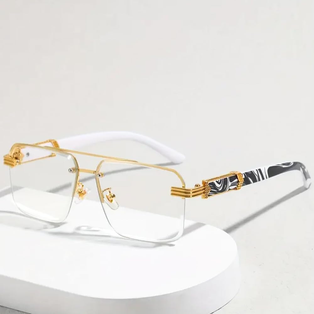 Men Women Designer Rimless Gold Frame Gray Marble Arm 90s Old School Rectangle Frameless Retro Trendy Cool Hip Hop Fashion Square Eye Glasses Clear Tint Glasses