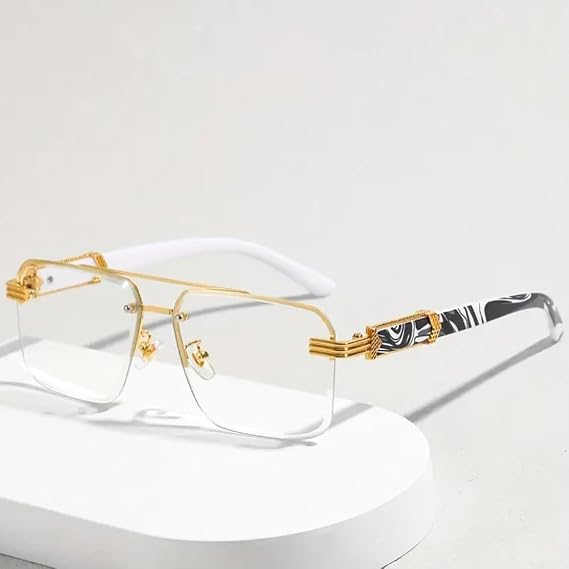 Men Women Designer Rimless Gold Frame Gray Marble Arm 90s Old School Rectangle Frameless Retro Trendy Cool Hip Hop Fashion Square Eye Glasses Clear Tint Glasses