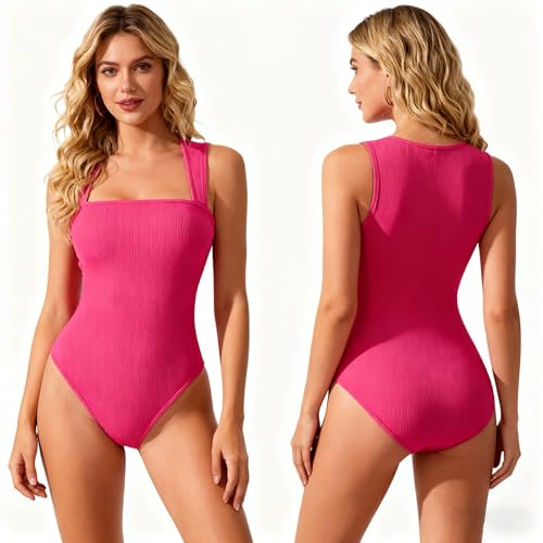 3-piece Bodysuits Shapewear For Women, Sexy Casual Ribbed Halter Square-neck Sleeveless Tight Fit Top, Abdominal Controller