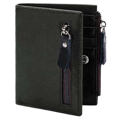 Real Leather Wallet for Men Women Bifold Compact Card Holder, Slim Purse with Zipper Coin Pocket, ID Window
