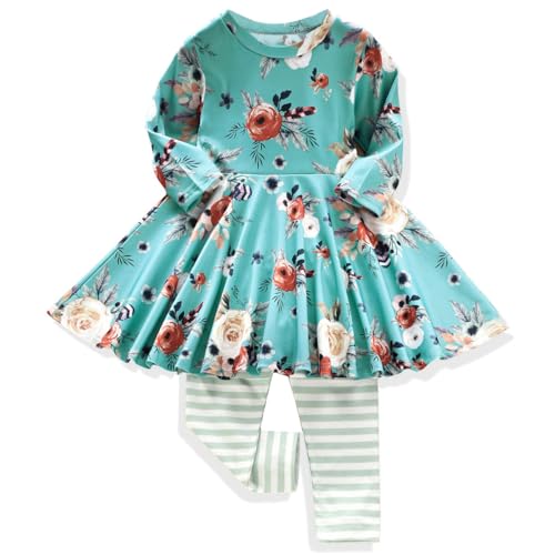 fioukiay Toddler Baby Girl Fall Clothing Sets 8 Years Little Girl Fall Clothes Floral Dress Top with Leggings(Green, 7-8 Years)