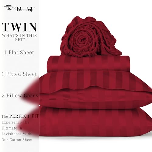 URBANHUT 800 Thread Count Egyptian Cotton Damask Striped Twin Size Sheets Set (4 Pc) - Ultra Soft & Smooth, Sateen Weave Twin Size Bed Sheets, Luxury Hotel Sheets with 16" Deep Pocket - Burgundy