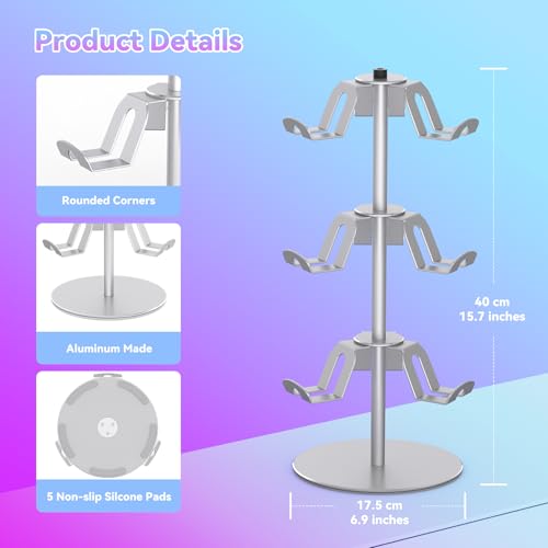 Controller Stand Compatible with Xbox PS5 PS4 Nintendo Switch Pro, 3 Tier Aluminum Gaming Headset Stand, Rotatable Headphone Controller Holder Organizer Rack, Universal & Large Capacity, Silver - Image 6