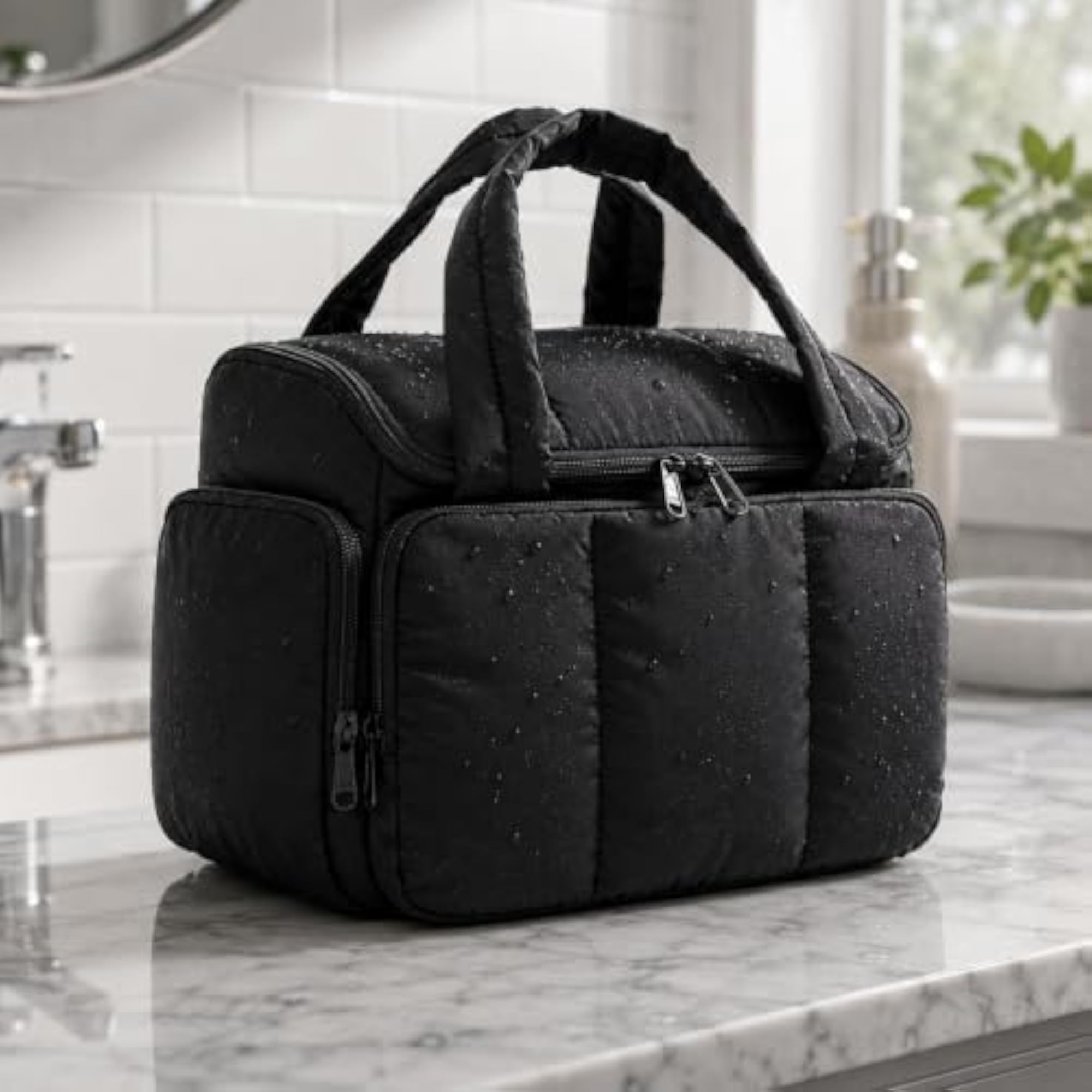 Quilted Cosmetic Bag with Pockets, Structured & Padded