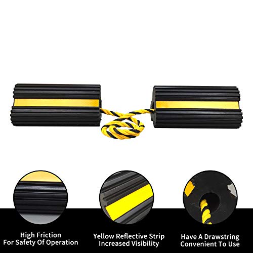 Roblock Wheel Chocks Heavy-Duty Rubber Wheel Block Non-Slip Base With Nylon Rope Yellow Reflective Tape - 1 Pair Black, 7.8" Long X 4.1" Wide X 3.9" High For Travel Trailers, Car, Camper, Truck #TOP2