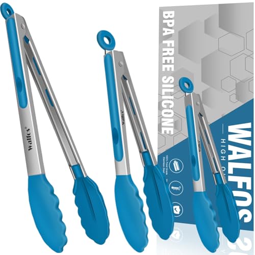 Walfos® Edelstahl Küchenzange mit Hitzebeständigem Silikongriff, Ideal für Grillen Set of 3 Blau (18, 23, 30.5CM), Ideal für Familien- und Profiküche., 10.19 €