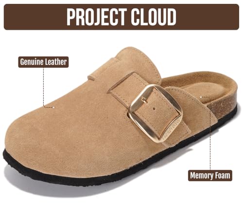 Image of Project Cloud 100% Genuine Leather Clogs for Women Shoes - Memory Foam Insole, Non-Slip & Natural Cork Footbed Arch Support Big Buckle Womens Clogs and Mules Footwear (Manchester)