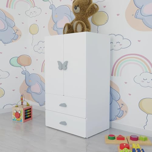 Image of VIKI Kids Wardrobe Almirah - 2 Door Kids Storage Cabinet with Hanging Rod & 2 Drawers for Bedroom, White (40x60x102 cm) | 1 Year Warranty