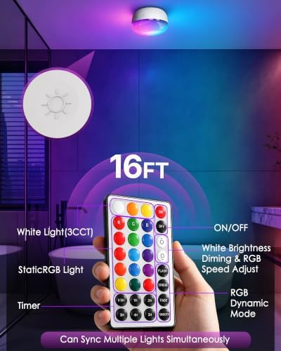 LYTARA Rechargeable Shower Light, 4″ Round, 300LM Bright, 4000mAh Waterproof Shower Lamp with Remote, 15 RGB Colors & 3 CCT White, Dimmable Cordless LED Bathroom Light, Magnetic Mount Mood Lighting — view 6