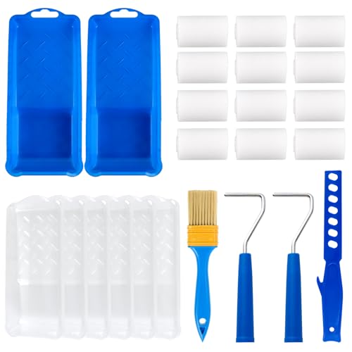 Aomaic 24 Stück Farbroller Klein Set Lackierwalzen Malerset – 12 Farbroller Schaumstoff, 2 Lackierrolle, 2 Farbwanne, 6 Einweg Farbwanne, 1 Pinsel und 1 Farbrührer