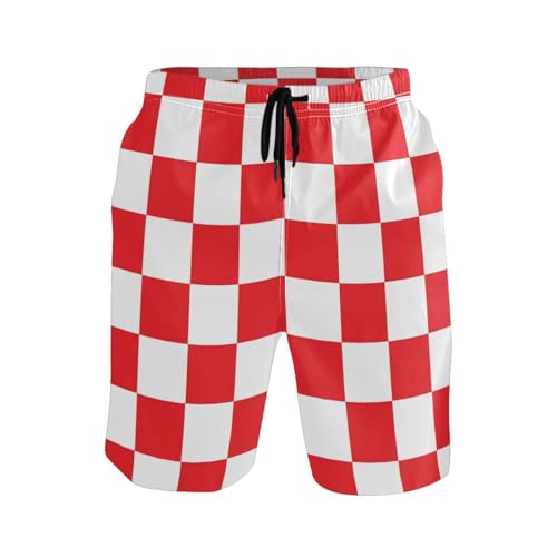 Red and White Checkerboard Plaid Men's Beach Shorts Swim Trunks Men Board Shorts Quick Dry with Mesh Lining Pockets2