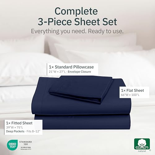 Image of Super Soft 100% Cotton Twin Bed Sheet Set, 3 Pc Set, Navy Blue | Lightweight & Breathable For Hot Sleepers, All-Around Elastic, Durable, Easy Care, OekoTex Certified