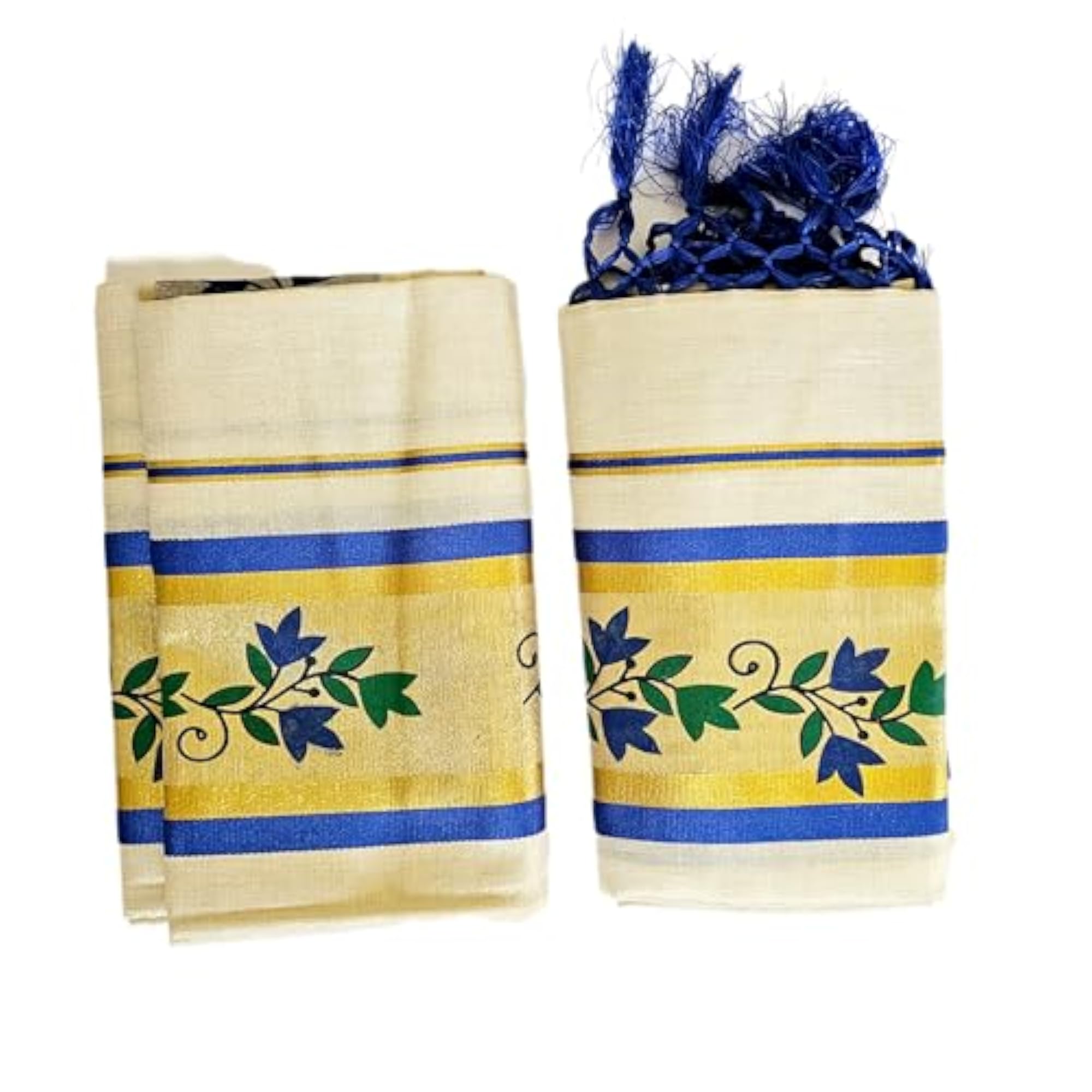 Women's Kerala Special Blue Gold Printed Floral Tissue Set