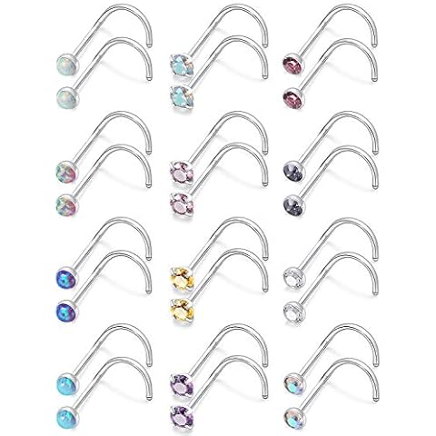 Kridzisw 18G Nose Rings for Women Stainless Surgical Steel Opal Diamond Silver Nose Ring Studs Corkscrew Screw Twist Spiral Nose Nostril Piercing Studs Hook Piercing Jewelry for Women Men 1.5mm Cover