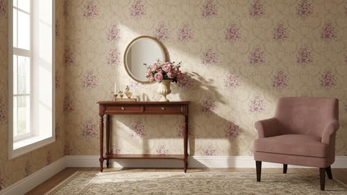 Image of Cream Pink Rose Flower Wallpaper - Self Adhesive Peel and Stick Floral Wall Stickers, Waterproof PVC Vinyl Decorative Paper for Home, Bedroom, Living Room & Furniture (45cm x 300cm)