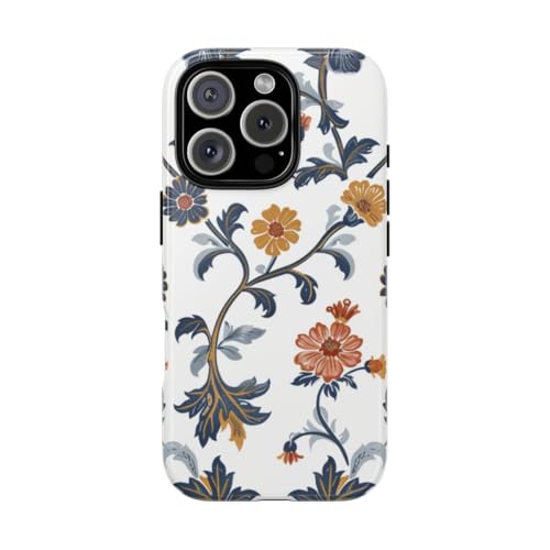 Coque iPhone 16 Pro motif floral rétro bleu et orange - Protection brillante