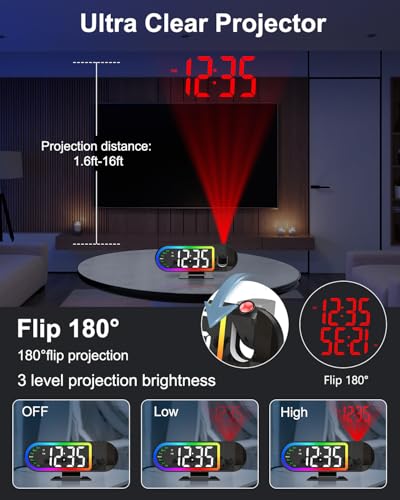 Projection Alarm Clocks for Bedrooms, 2026 New 8.5" Large LED Display Digital Clock with 180° Rotatable Projector, 3 Brightness, 17 RGB Night Light, Snooze, Temp, USB Charger for Home - Image 4