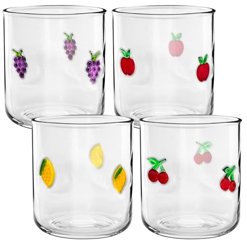 Sel Natural 4 Pcs Fruit Icon Glasses Set, 14oz Cherry Lemon Apple Grape Aesthetic Glass Cup Icon Stemless Coffee Cocktail Glassware Cup for Birthday Summer Party Supplies Gift