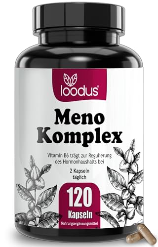12fach Meno Komplex Wechseljahre Tabletten pflanzlich - 120 Wechseljahre-Kapseln mit Yams Rotklee Ashwagandha Mönchspfeffer hochdosiert & B6 - Hormon Balance Frauen - 2 Monatsvorrat - loodus