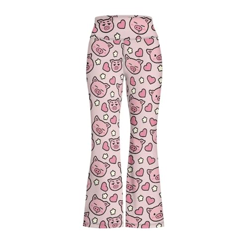 AmzPrint Girls Hippie Pants Wide Leg Bell Bottom Cute Cartoon Piggy Pig Print Pink Flare Leggings for Girls 12-144