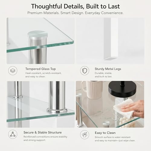 Image of Meihua Tempered Glass End Table, White Modern Square Side Table with Metal Frame, 2-Tier Glass Accent Table for Living Room, Bedroom, Apartment & Small Spaces
