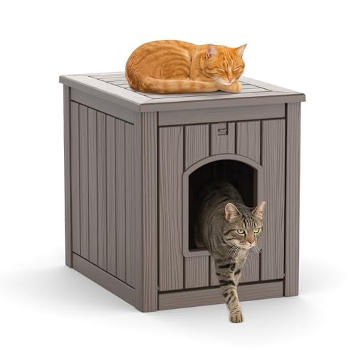 VIXZEN Cat House Resin Outdoor Cat House with Flip Lid Elevated Raised Floor Waterproof Easy Access Easy Assembly Easy to Clean Cat Houses for Outdoor Cats,Gray
