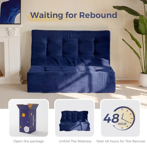 Image of MAXYOYO Tri-Fold Mattress, 6 Inches Tufted Folding Futon Foam Bed, Foldable Floor Mattress Guest Bed Futon Topper Portable Camping Sleeping with Corded Fabric, Navy, Twin