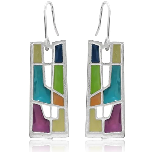 JNONL Unique Handmade Bohemian Enamel Vintage Silver Bar Dangle Earrings Chic Colorful Geometric Hollow Square Drop Earrings for Women Statement Jewelry Gifts, 11 millimeters, Metal, No Gemstone