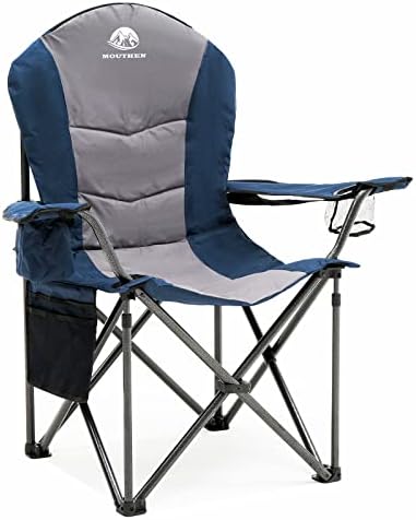 Mouthen Oversized Camping Chair with Lumbar Support, Outdoor Heavy Duty Folding Camp Arm Chair with Cooler Bag,Head and Side Pocket (Blue & Grey)