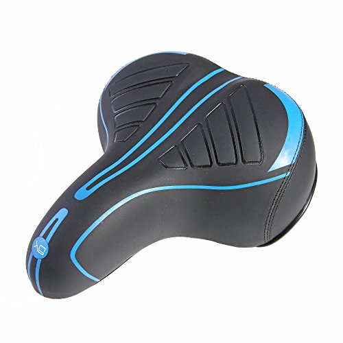 UNISTRENGH Bike Saddle Exclusive Shock Absorber Ball Base Big Bum Extra Wide Leather Bicycle Seat Soft Comfy Gel Padded Cushion with Reflective Tape (Blue)