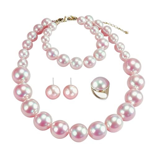 4 Piece Juego de Joyas de Perlas, Conjunto de Joyas Mujer con Collar Perlas, Pulsera Perla, Pendientes Perla, Anillo Perlass, Juego de Pendientes Collar y Pulsera de Perlass para Mujer Niña (Rosa)